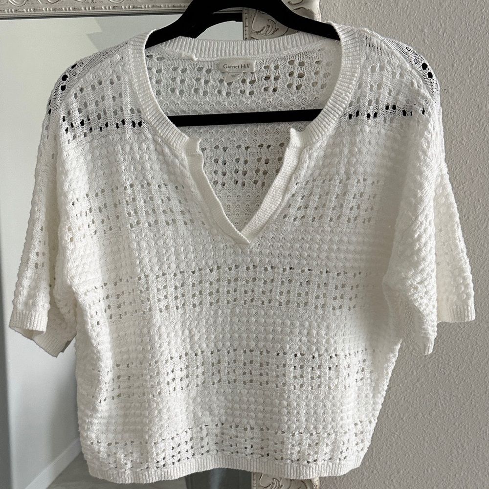 Garnet Hill White/Cream Crochet Knit Linen/Cotton Sweater